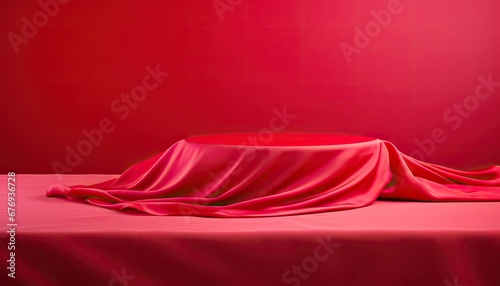 Cylinder podium covered with cloth on a red background.
