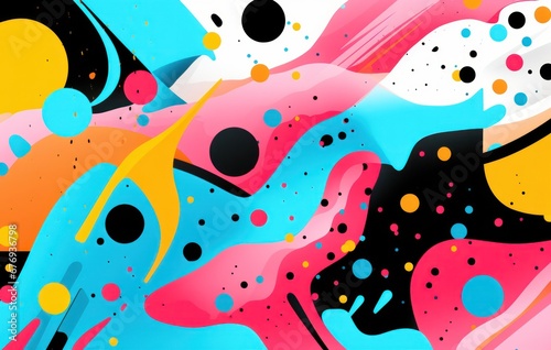 Vibrant abstract graffiti art with dynamic shapes and dots on a black background