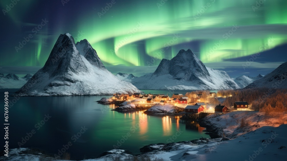 Illuminated houses under green northern lights with snow-covered peaks rising from a fjord
