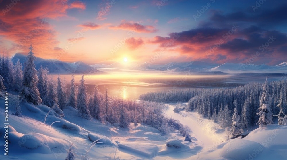 Radiant sunrise casting warm colors over a snowy forest with distant mountain range Radiant sunrise casting warm colors over a snowy forest with distant mountain range
