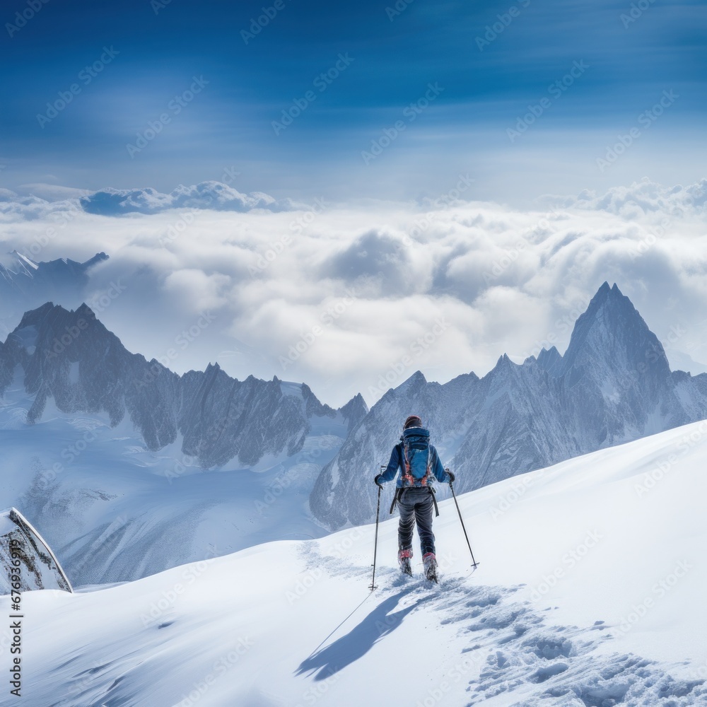 An adventurer with trekking poles hikes along a snowy ridge, with a backdrop of clouds below and a bright sky