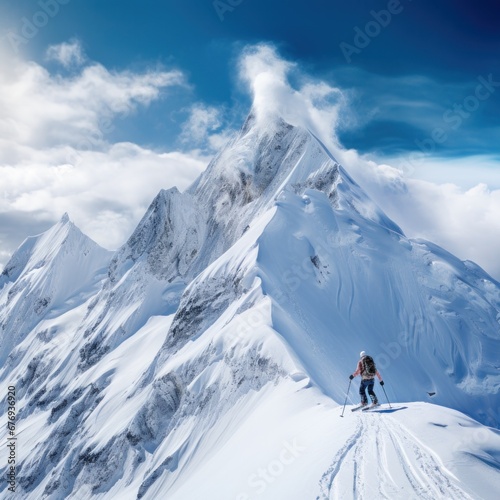A lone mountaineer tackles the challenging ascent of a steep, snow-covered mountain peak against a vivid sky