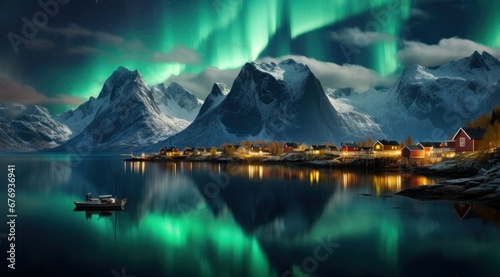 Beautiful aurora borealis illuminating the night sky above snow-covered mountains and a small village