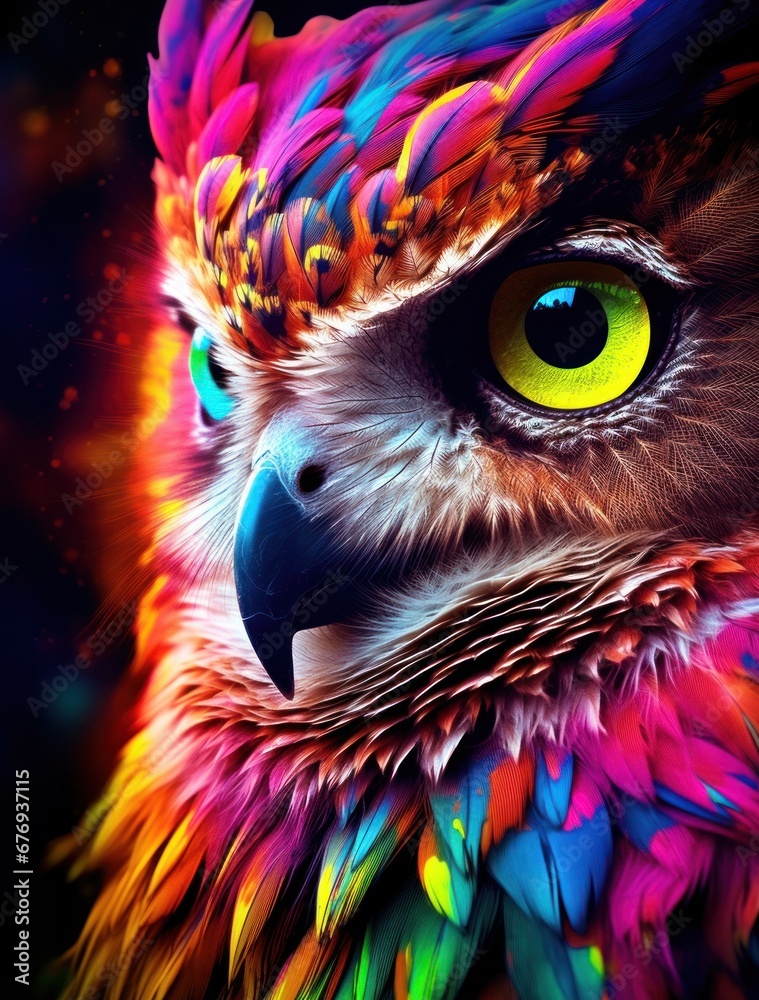 Vibrant digital artwork showcasing the intense gaze of a multicolored owl