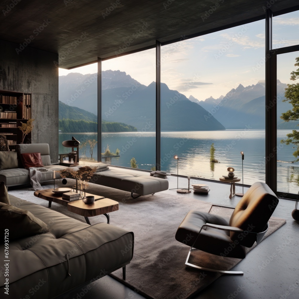 Fototapeta premium Elegant interior design of a living room overlooking a serene mountain lake panorama