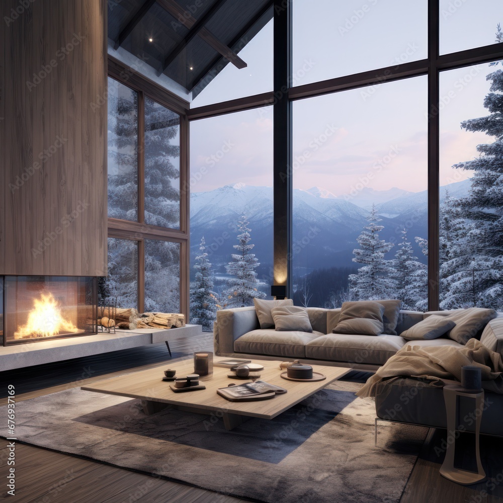 Trendy living room interior featuring a cozy fireplace and a majestic snowy mountain backdrop
