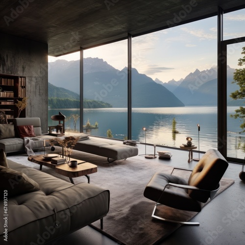 Elegant interior design of a living room overlooking a serene mountain lake panorama