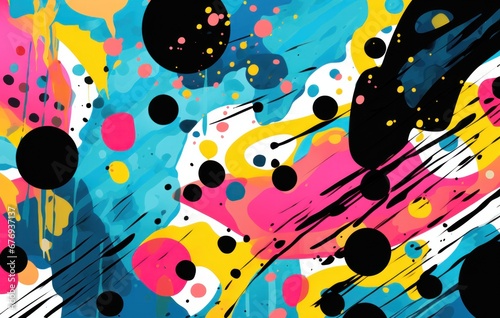 Abstract canvas art featuring a burst of black, pink, and yellow colors amidst dotted patterns on a blue background