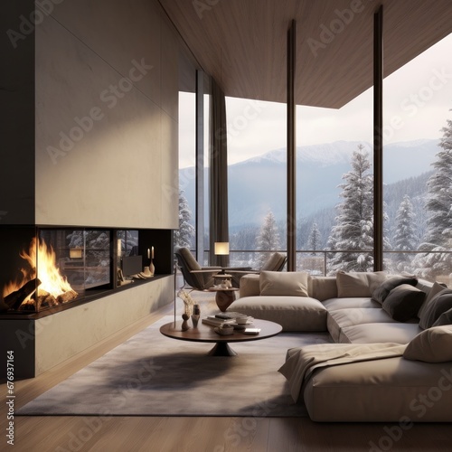 Spacious modern living room with a contemporary fireplace and stunning mountain scenery outside © mockupzord
