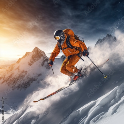 Skier performs a daring mid-air jump in bright orange gear on a steep snow-covered mountain