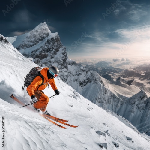 Expert skier descends a pristine snowy mountain slope, showcasing skill and speed in the orange outfit