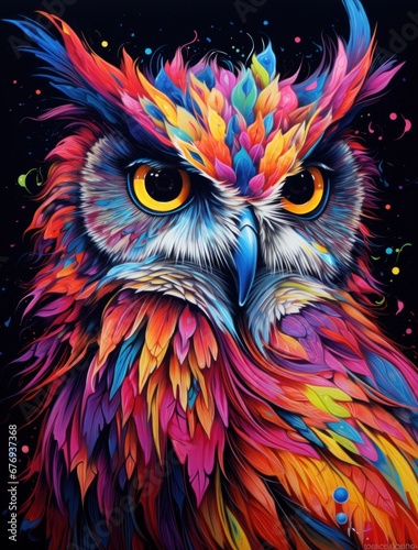 Art illustration of an owl with a whimsical splash of bright, lively colors as feathers © mockupzord