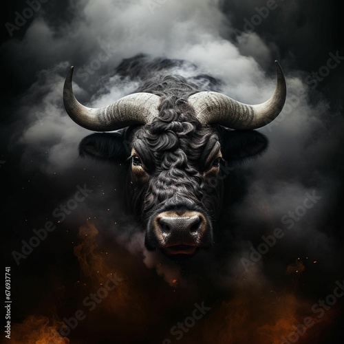 AI generated illustration of a majestic bull set against a dark background