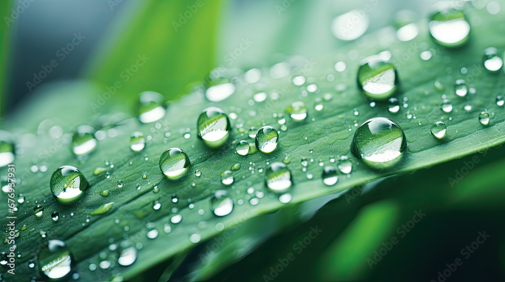 Close-up view of vibrant green leaf adorned with glistening water droplets, capturing the beauty of nature's intricate details Close-up view of vibrant green leaf adorned with glistening water droplets, capturing the beauty of nature's intricate details
