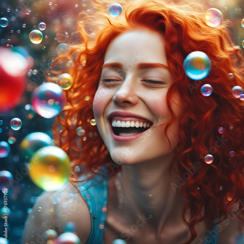 a beautiful red head laughing in a fantastic colorful bubble bath