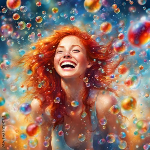 a beautiful red head laughing in a fantastic colorful bubble bath © Michael