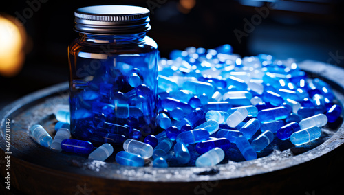 A Bottle of Blue Glass Sparkling on a Wooden Table
