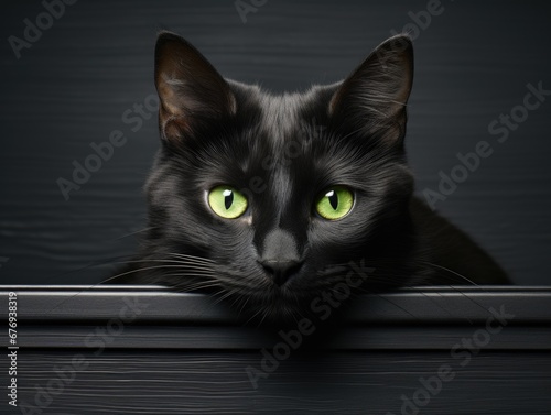 A black cat with green eyes looking out of a window.