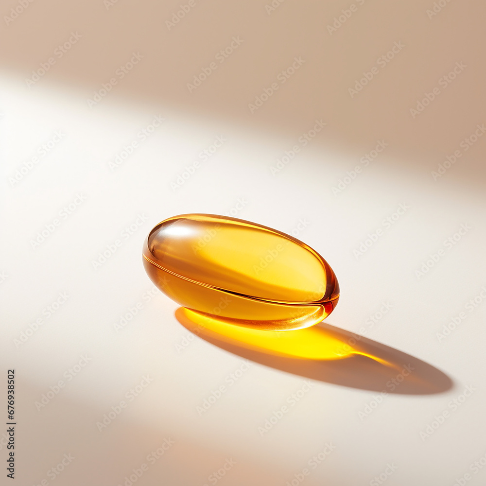 Fish oil capsule on a light background with shadow. Omega 3