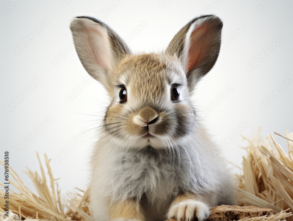 A small rabbit sitting on top of a pile of hay. A small rabbit sitting on top of a pile of hay.