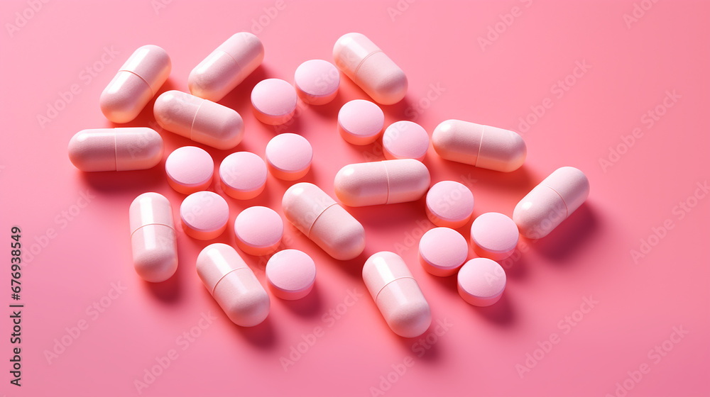 Pink pills on pink background, top view, copy space Pink pills on pink background, top view, copy space