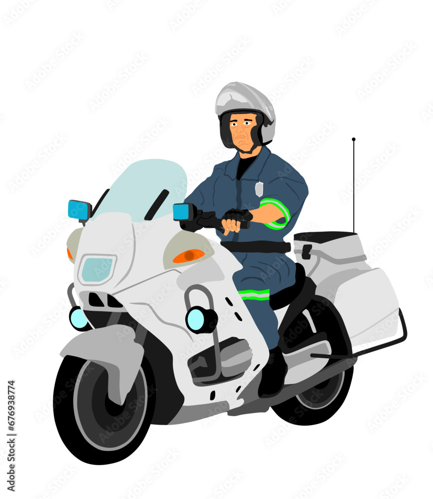 Traffic policeman officer on motorcycle on duty vector illustration isolated on white background. Police man in uniform on road. Security service member. Law and order street patrol cop. Traffic policeman officer on motorcycle on duty vector illustration isolated on white background. Police man in uniform on road. Security service member. Law and order street patrol cop.