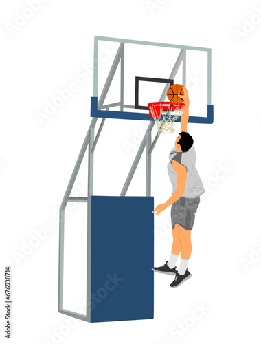 Basketball player stunt jumping and dunking vector illustration isolated on white background. Basketball player making slam dunk. Hoop and board on court illustration. Sport man attractive move.