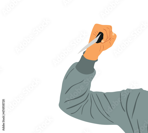 Burglar man with knife in hand attacking on victim vector illustration isolated on white background. Terrorist man with cold weapon in attack. Armed housebreaker male treat people life. Crime scene.