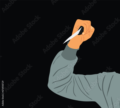 Burglar man with knife in hand attacking on victim vector illustration isolated on black background. Terrorist man with cold weapon in attack. Armed housebreaker male treat people life. Crime scene.