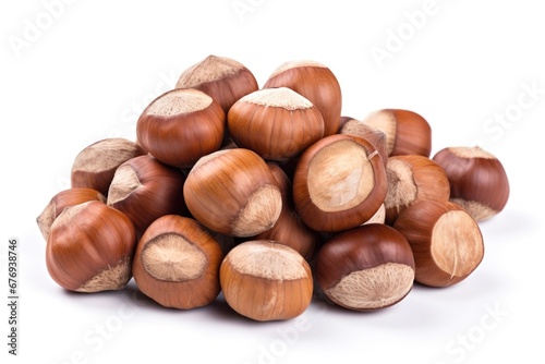 A pile of hazel nuts on a white surface.