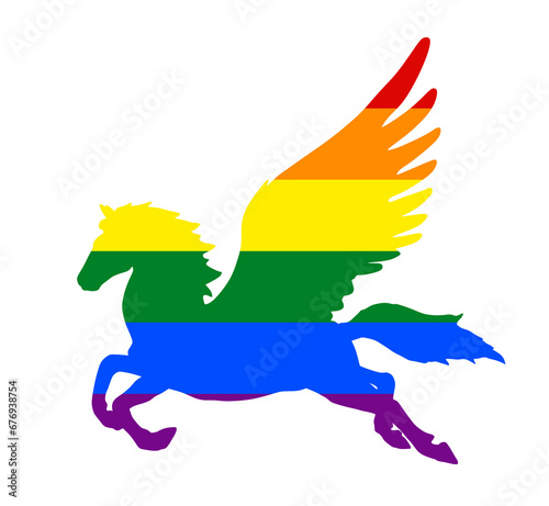 Gay rainbow flag over elegant pegasus horse in gallop vector silhouette illustration isolated on white background. LGBT pride symbol. Homosexual, lesbian, transgender culture represent freedom love.