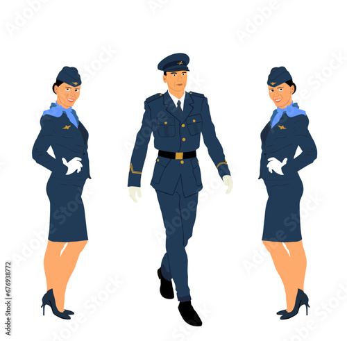 Elegant pilot in uniform walking between smiling stewardess vector illustration. Charming hostess business woman on duty. Air plane cabin crew members. Young lady successful carrier girl.