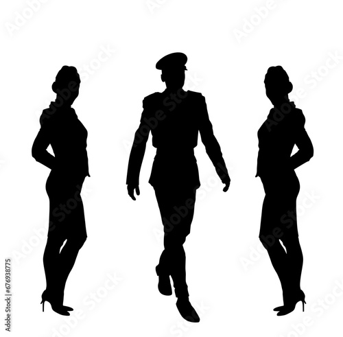 Elegant pilot in uniform walking between smiling stewardess vector silhouette illustration. Charming hostess business woman on duty. Air plane cabin crew members. Young lady successful carrier girl.