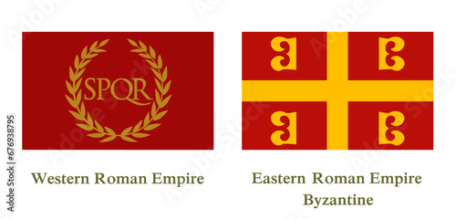 Western Roman Empire flag and Byzantine flag vector illustration isolated on white background. Eastern Roman Empire flag symbol. Ancient empire from Italy, Europe. SPQR with laurel.