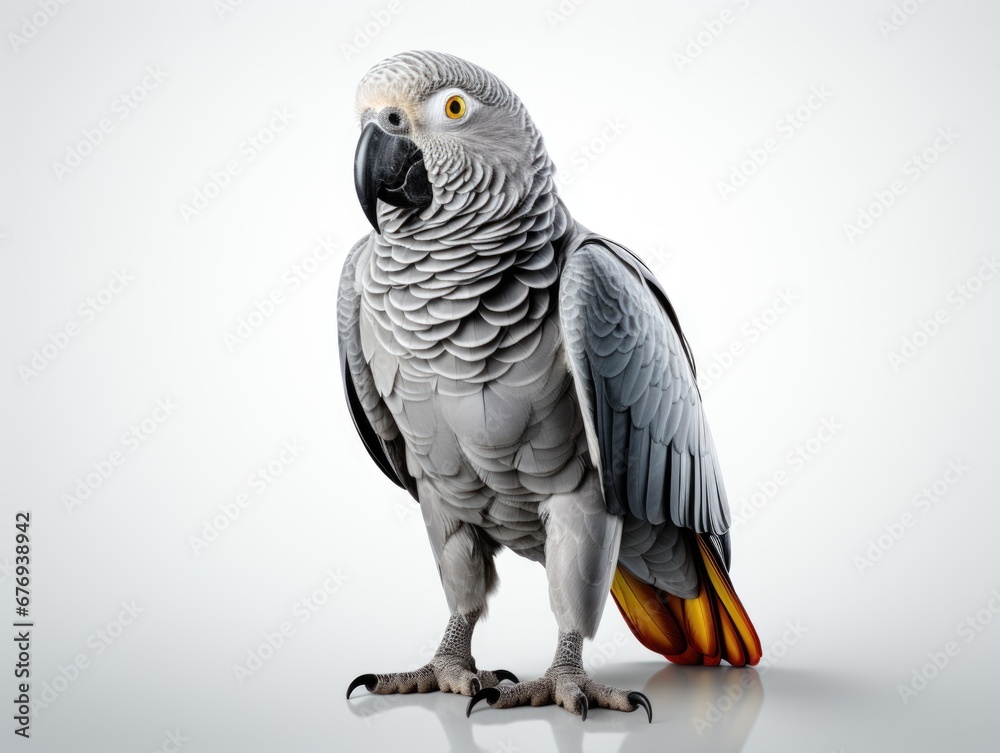 A parrot is standing on a white surface. Realistic clipart on white background