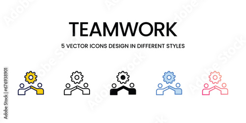 Teamwork Icon Design in Five style with Editable Stroke. Line, Solid, Flat Line, Duo Tone Color, and Color Gradient Line. Suitable for Web Page, Mobile App, UI, UX and GUI design.