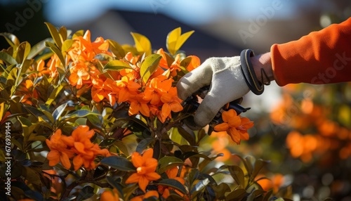 Professional gardener meticulously pruning plants with gloved hands on a sunny day in a lush garden