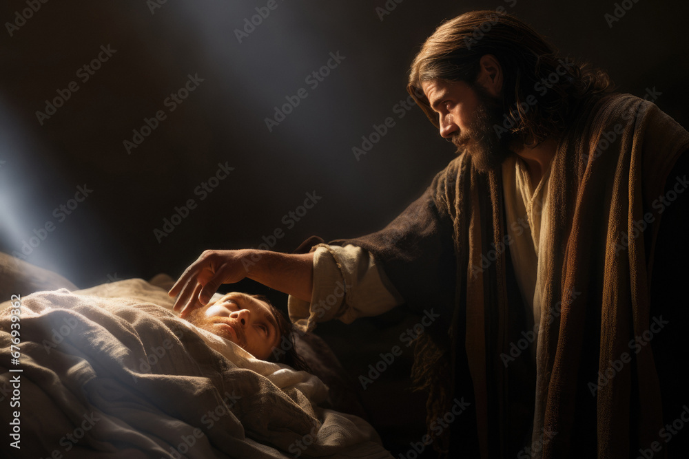 Jesus and his miracle touch - healing the sick and ill - obrazy, fototapety, plakaty 