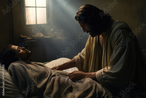 Jesus Christ performing miracles on the sick and ill photo