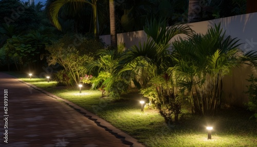 Modern outdoor led lighting for elegantly landscaped backyards, creating a captivating atmosphere © Ilja
