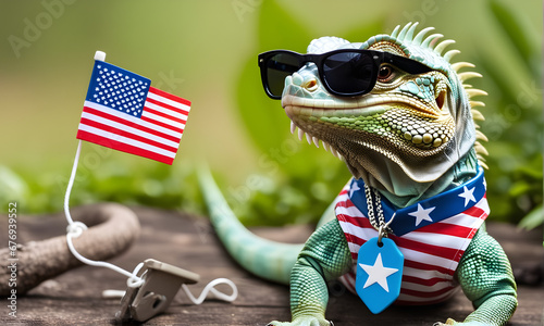 Patriotic iguana that carries the American flag wherever it goes