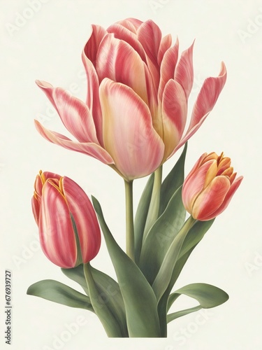 a group of pink tulips with green leaves