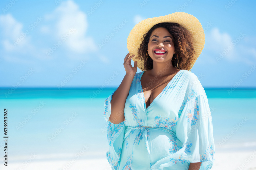 Happy plus size African american ethnic woman at the beach. holding her hat in the wind