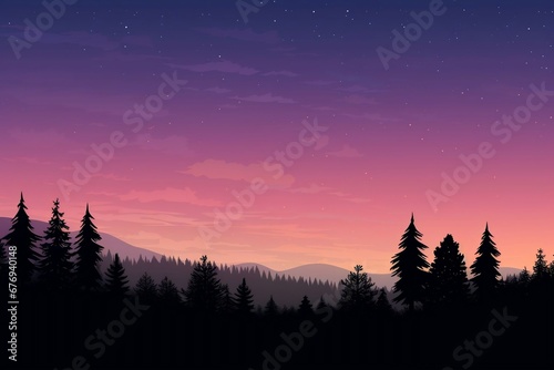 A twilight scene of silhouettes of evergreen trees stand against a gradient of colors from the setting sun, Christmas tree