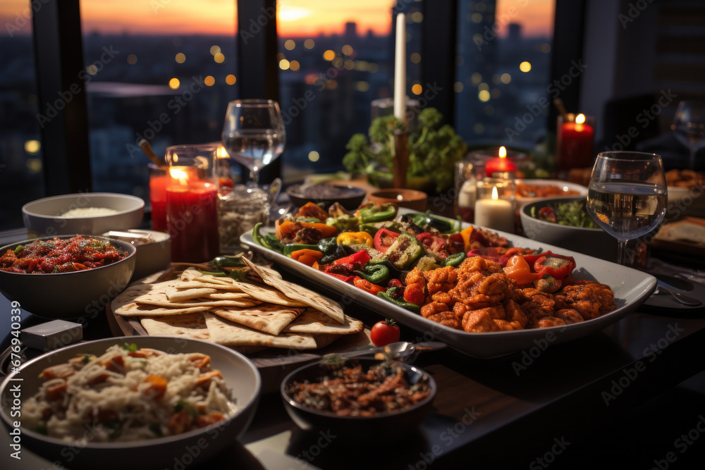 Fototapeta premium Festive Feast: A Culinary Wonderland of Joy, Bringing Loved Ones Together for a Merry Christmas Celebration (AI Generated) 
