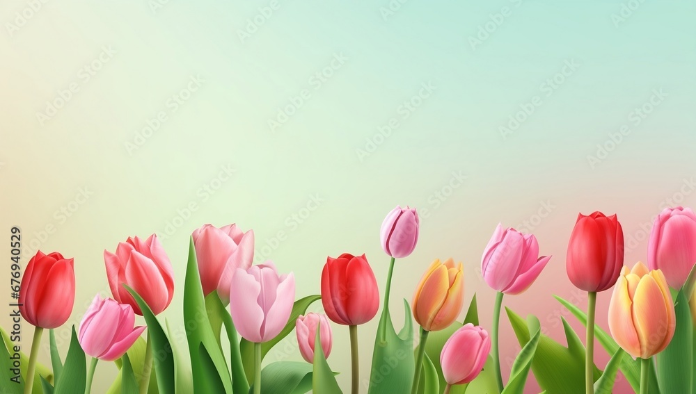 Pink tulips with copy space, digital rendering of a group of spring tulips