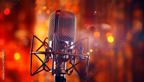 Studio microphone on blurred background with audio mixer  music concept and recording gear