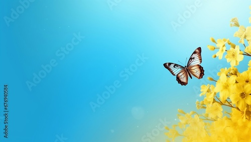 Butterfly on a flower, a spring butterfly against gradient blue 