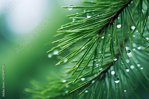 Close up of Christmas pine needles, close-up of an evergreen branch with sharp detailed pine needles covered in glistening dew drops. 
