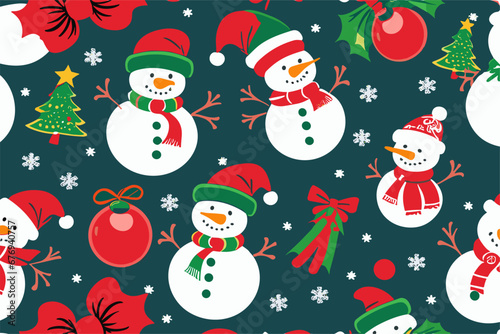 Vector christmas pattern with cartoon funny
snowman in red hat of santa claus and scarf, toys ball, 
christmas tree, snowflake
on a black background. 2024 New Year fashion
ornament for fabric, paper.